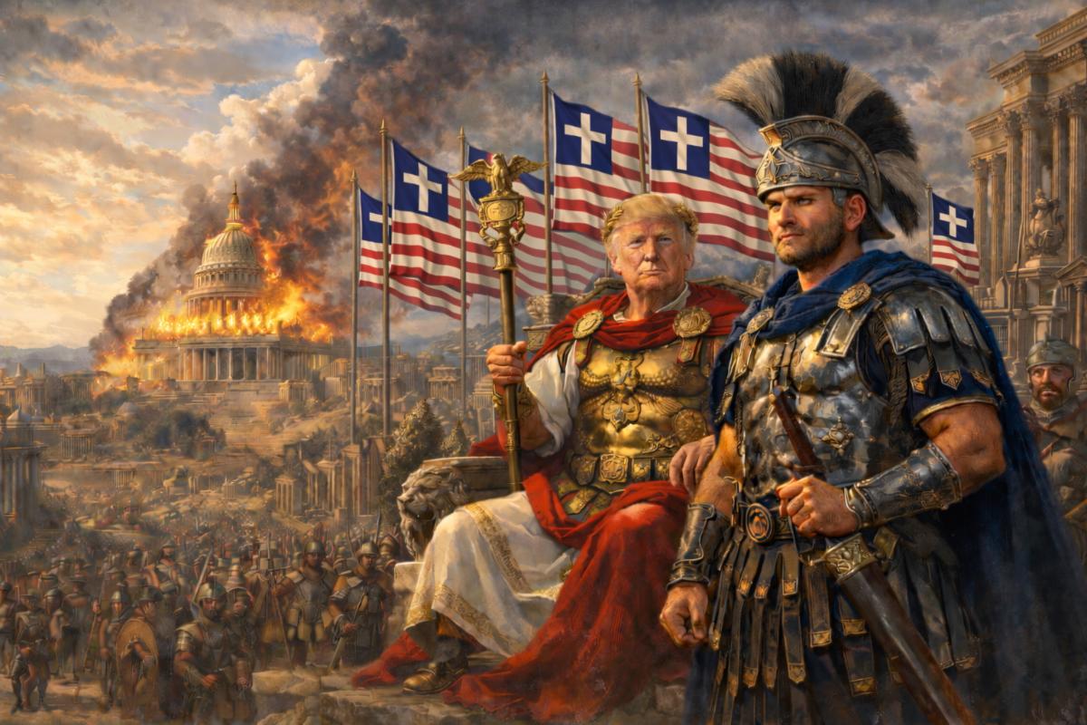 AI generated image of Trump as Roman emperor with Christian American flags and Capitol building burning in background