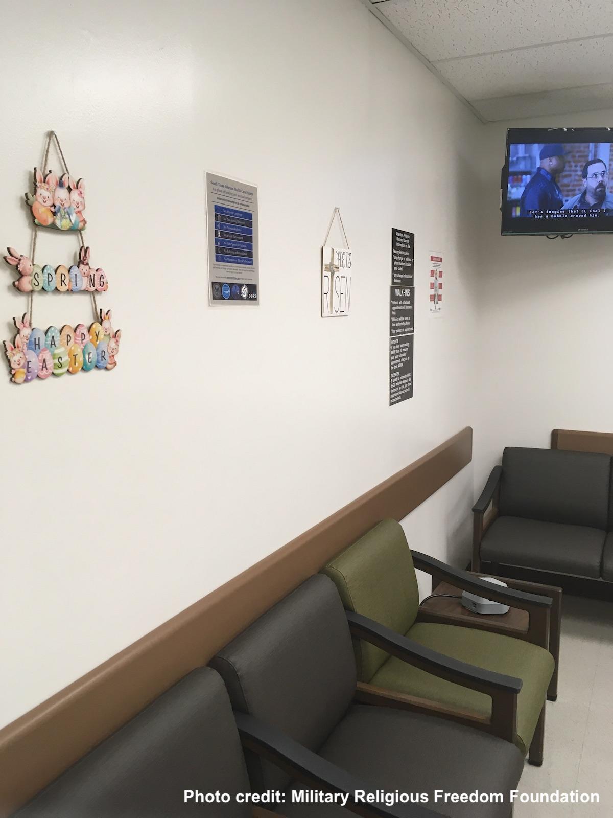 He is risen sign above chairs in seating area