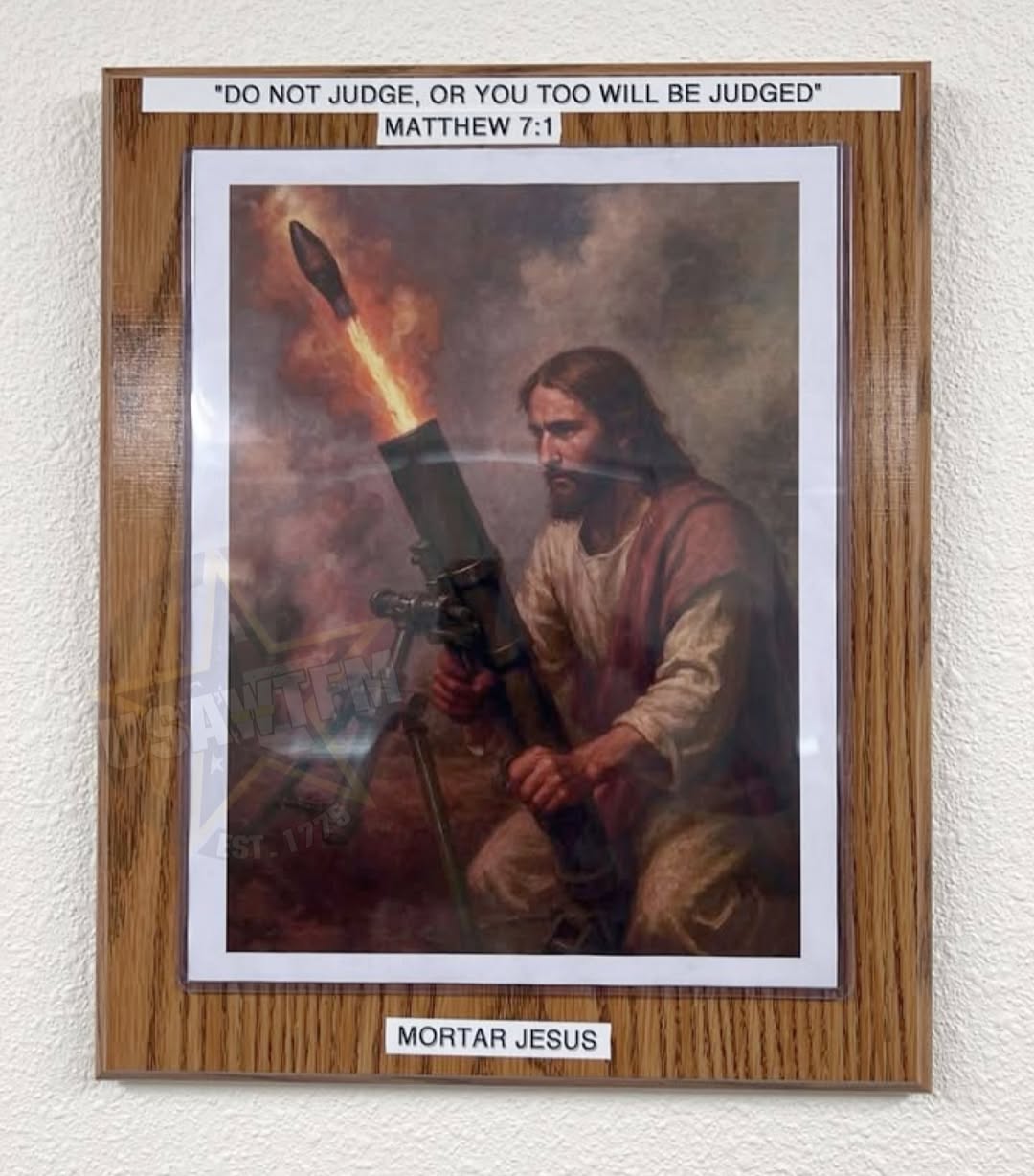 Original color poster from which the black and white copy was made mounted on wood with a Bible verse and the title Mortar Jesus 