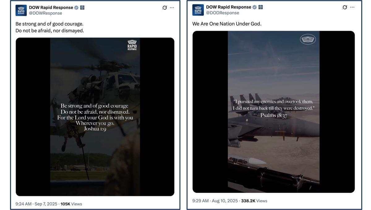 Two Twitter posts from the Department of War with Bible verses on top of military imagery