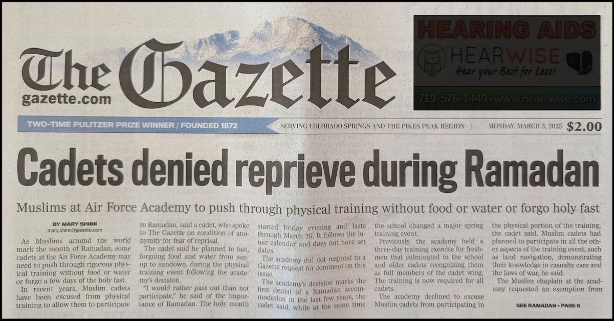 Top of front page of Colorado Springs Gazette print edition showing Muslim Air Force Academy story is top front page story