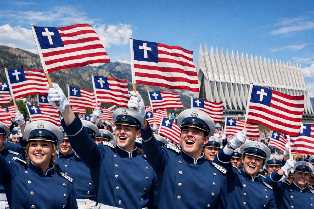 AI generated image of group of Air Force Academy cadets waving Christian American flags with Air Force Academy in background