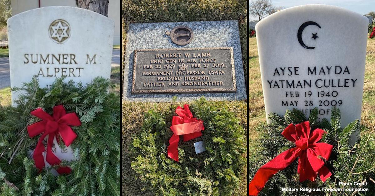 Three photos side by side of Wreaths Across America Christmas wreaths on Jewish Muslim and atheist graves