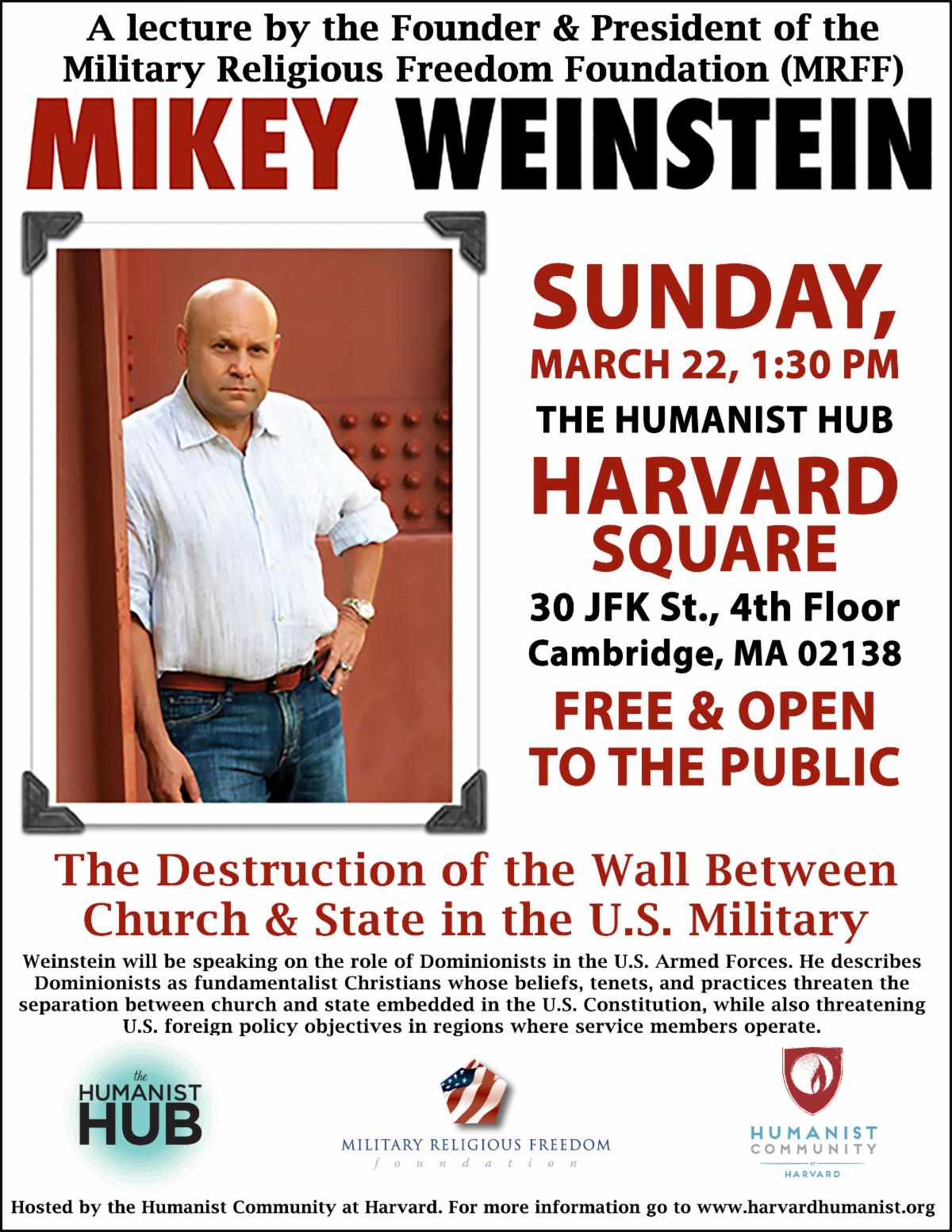 Flyer for Mikey Weinstein's 2015 speaking event in Cambridge Massachusetts