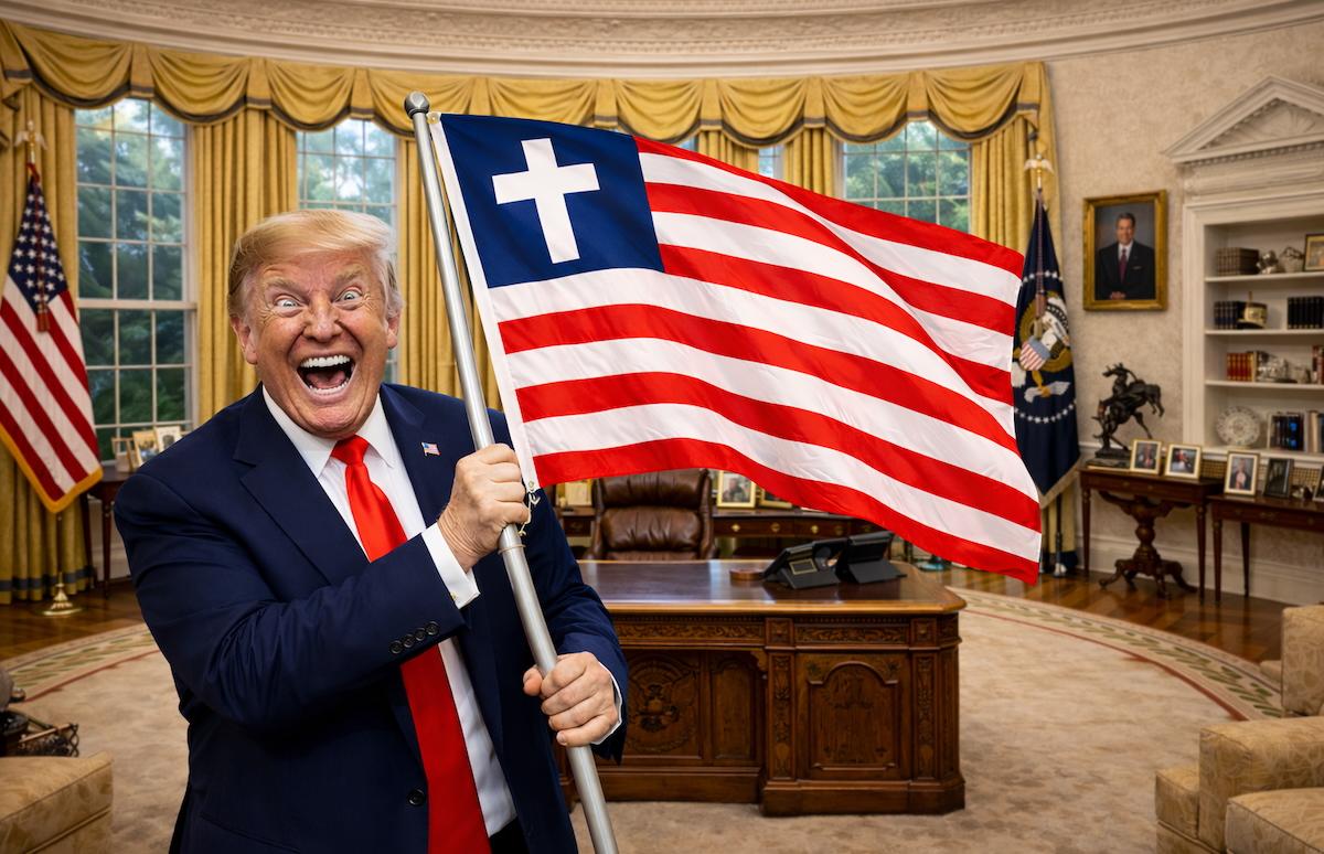 AI generated image of crazed looking Trump waving Christian American flag in Oval Office