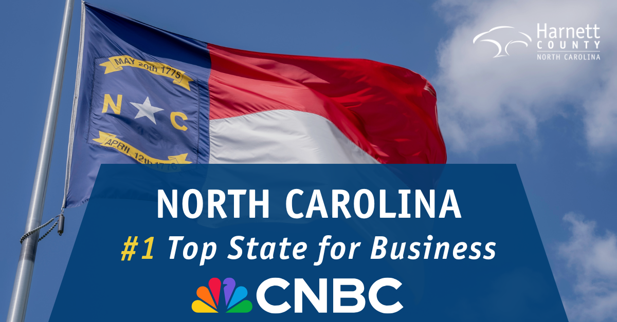 Harnett County graphic highlighting North Carolina as being named the 2025 Top State for Business by CNBC
