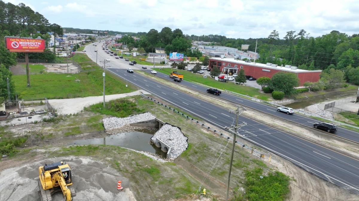 An aerial view of stormwater projects designed to improve drainage and reduce flooding concerns in the Longs area.