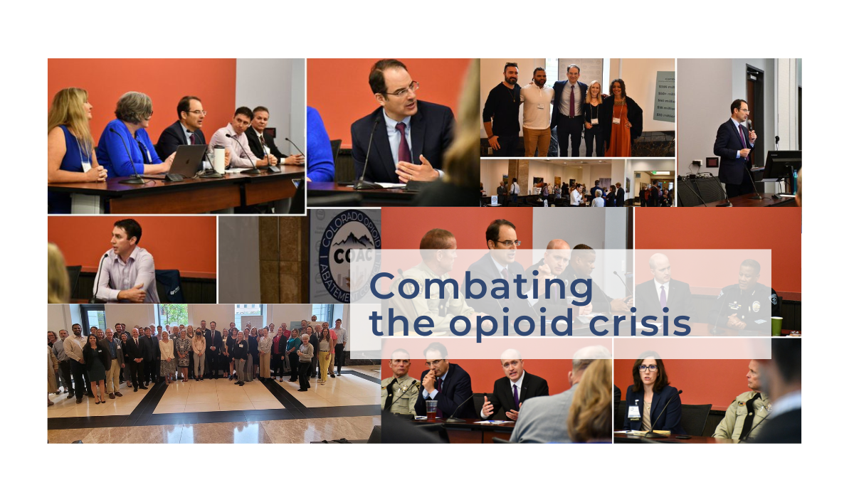 Text saying combating the opioid crisis over a collage of photos of Colorado Attorney General Phil Weiser with other state leaders at a Colorado Opioid Abatement Conference.