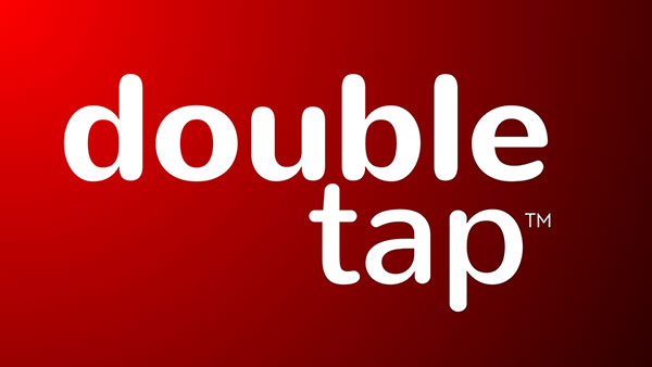 A bold white rounded font spells out the words double tap against a vibrant red gradient background with the word tap positioned slightly lower and a small trademark symbol TM appearing to the right of it.