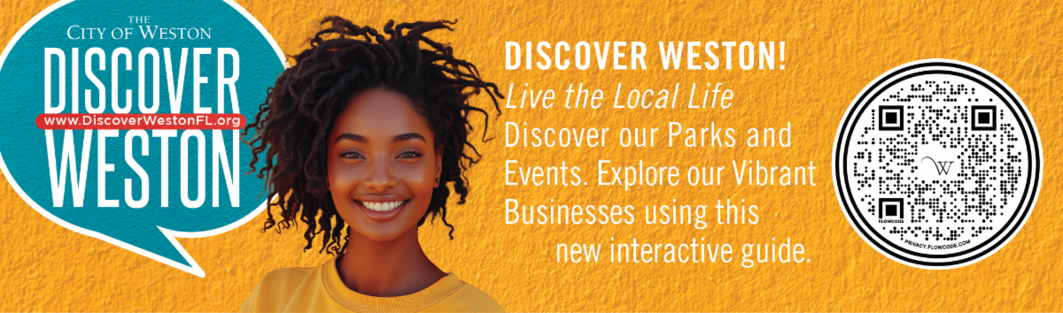 Photo of woman with vibrant yellow wall background with text that reads Discover Weston and a QR code displayed