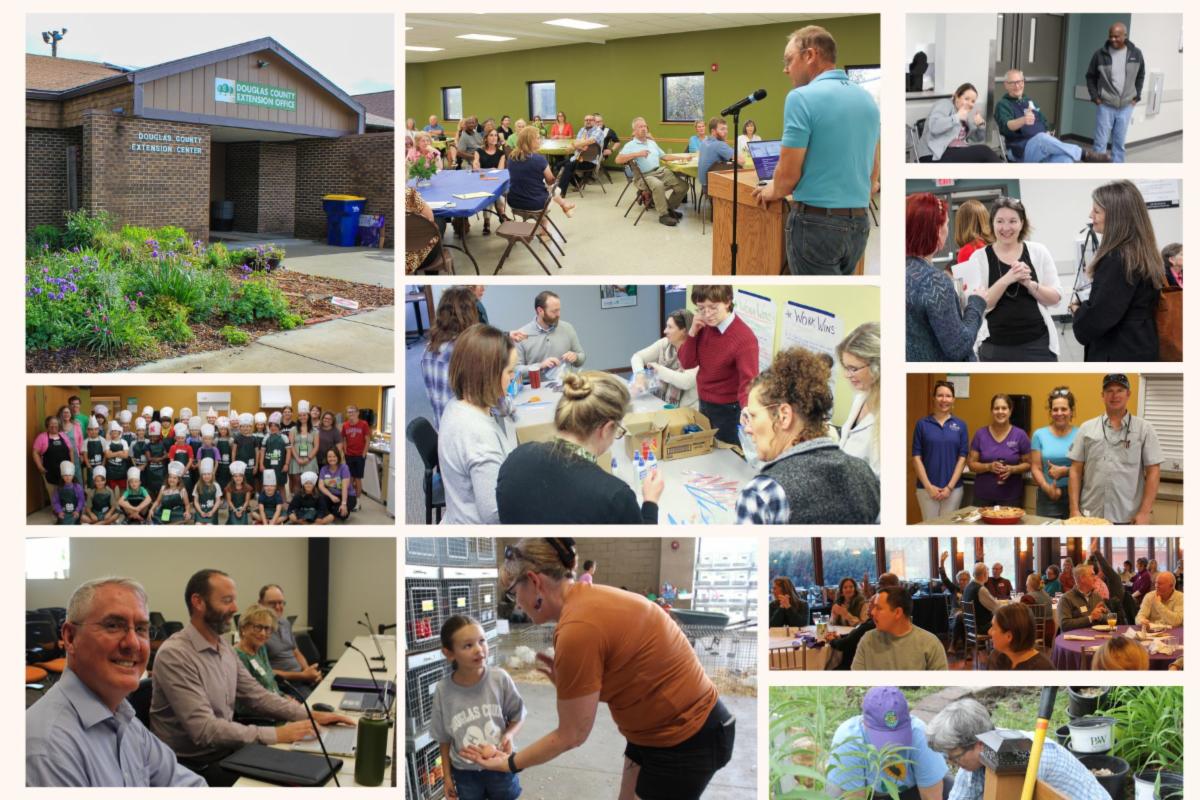 collage of various extension events over the years such as open house kitchen sale pie contest summer enrichment program livewell event douglas county fair event year end event
