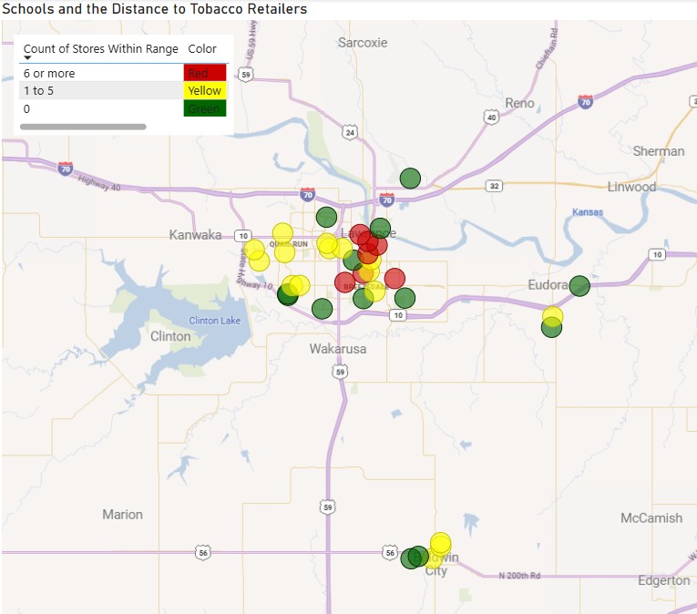 map of douglas county indicating tabacco retailers in relation to schools.