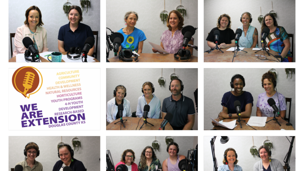 We are Extension logo with collage of images of various Douglas County Extension staff hosts and their guest in the recording room. 