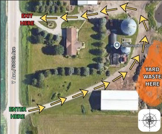 Map of the site of No-charge Yard Waste with arrows coming from the southwest entrance and moving up to the northwest exit. 