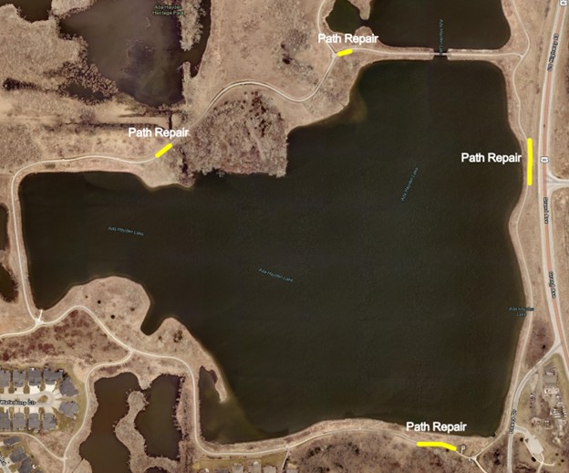 Aerial map showing Ada Hayden Lake and surrounding walking paths with four highlighted sections labeled "Path Repair" in yellow. The map includes roads, residential areas, and natural terrain, indicating planned maintenance locations around the lake.