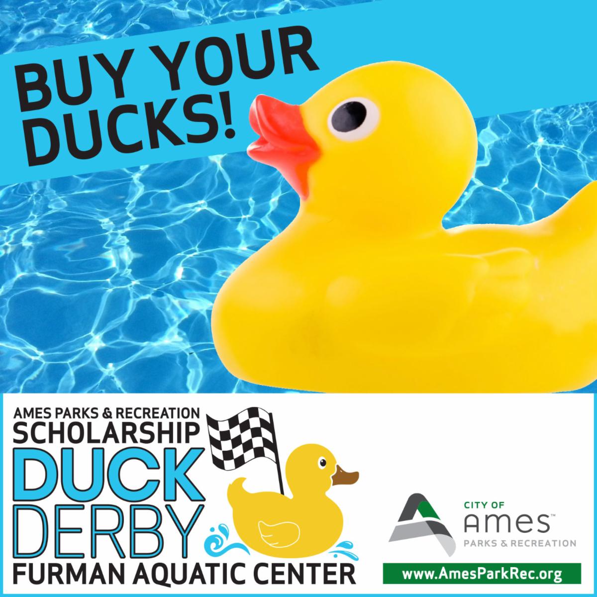 Yellow rubber duck floating in water. Buy your ducks announcement for 4th annual Parks and Recreation Scholarship fundraiser
