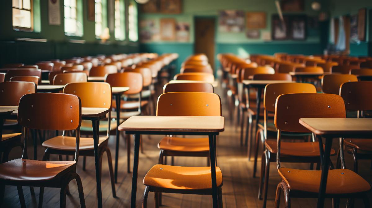Picture of a classroom with rows of wooden classroom desks and chairs