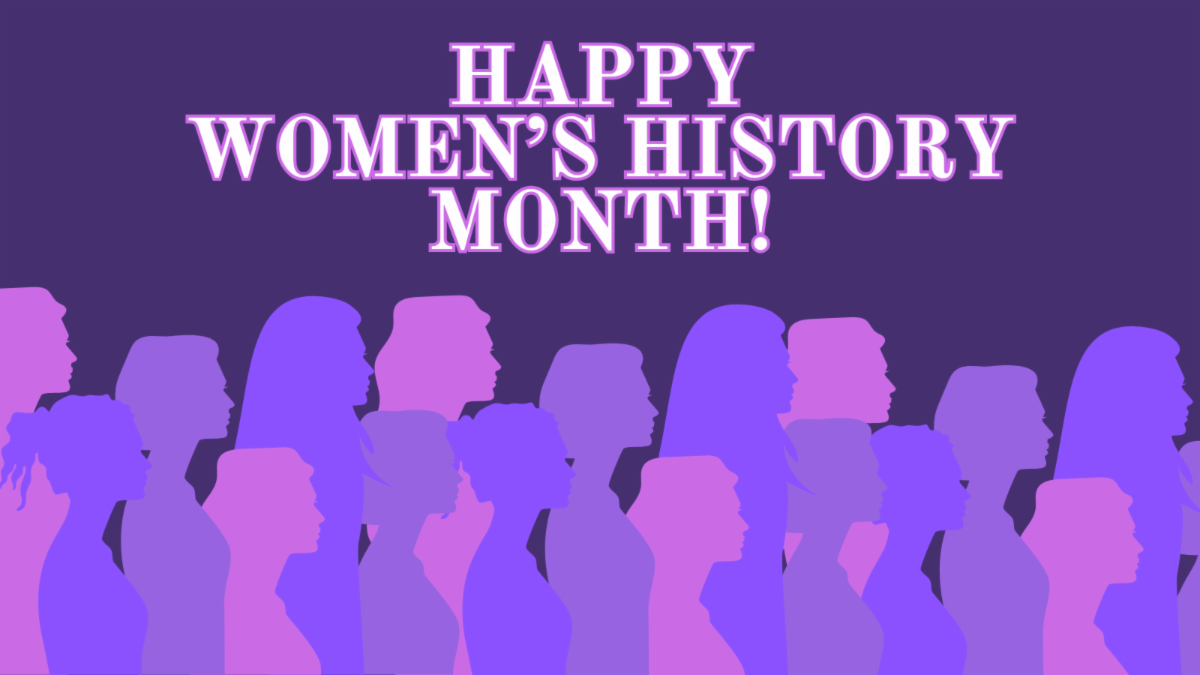 Purple background with various shades of purple silhouettes of women. Happy Women's History Month is in bold letters.