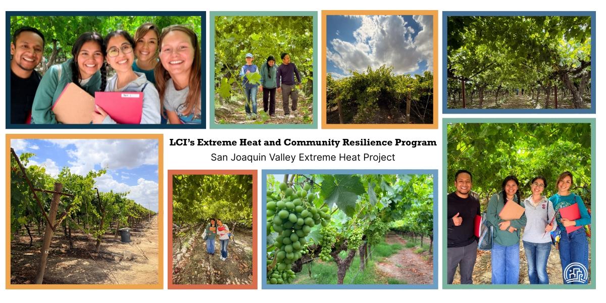 A photo with a group of eight extreme heat project photos, that says: LCI's Extreme Heat and Community Resilience Program - San Joaquin Valley Extreme Heat Project