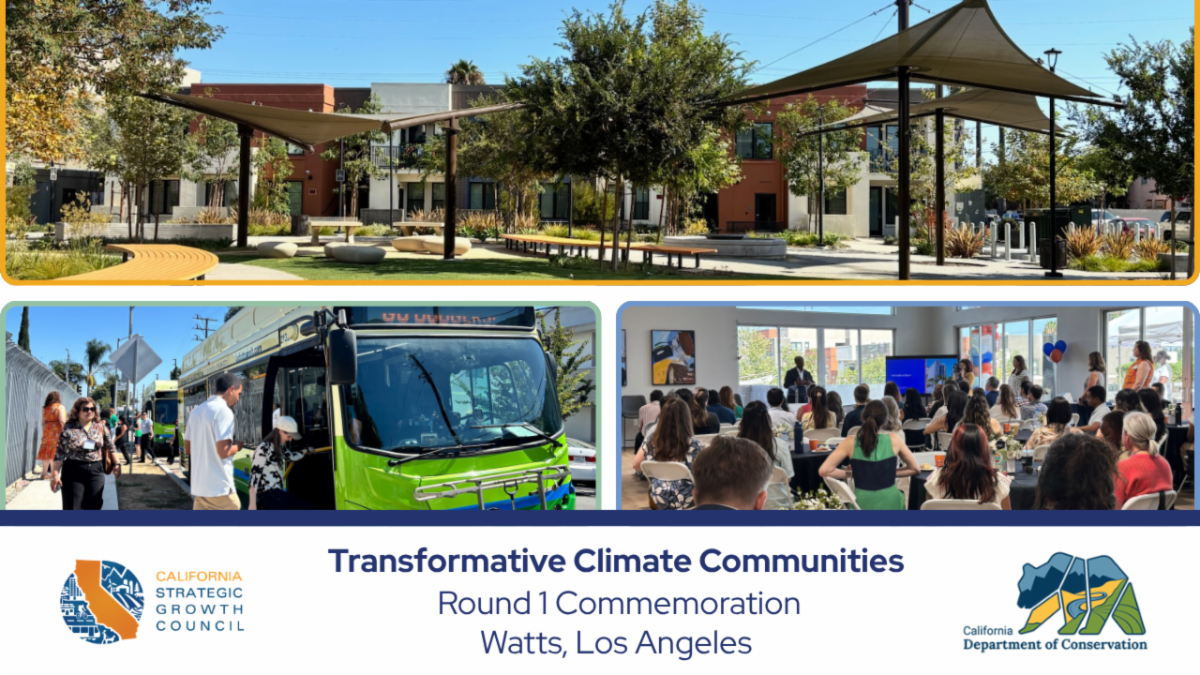 Three photos from TCC projects in the Los Angeles area and it says: Transformative Climate Communities - Round 1 Celebration - Watts, Los Angeles