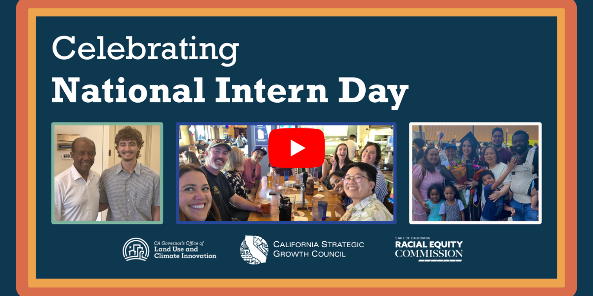 A screenshot of a video cover that says: National Intern Day with three photos of interns and their friends, families and colleagues.