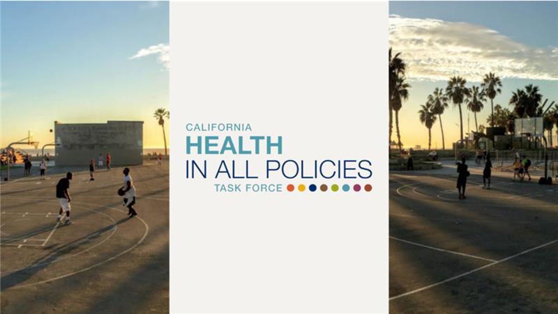 Photo of a beach and palm trees that says: California Health In All Policies