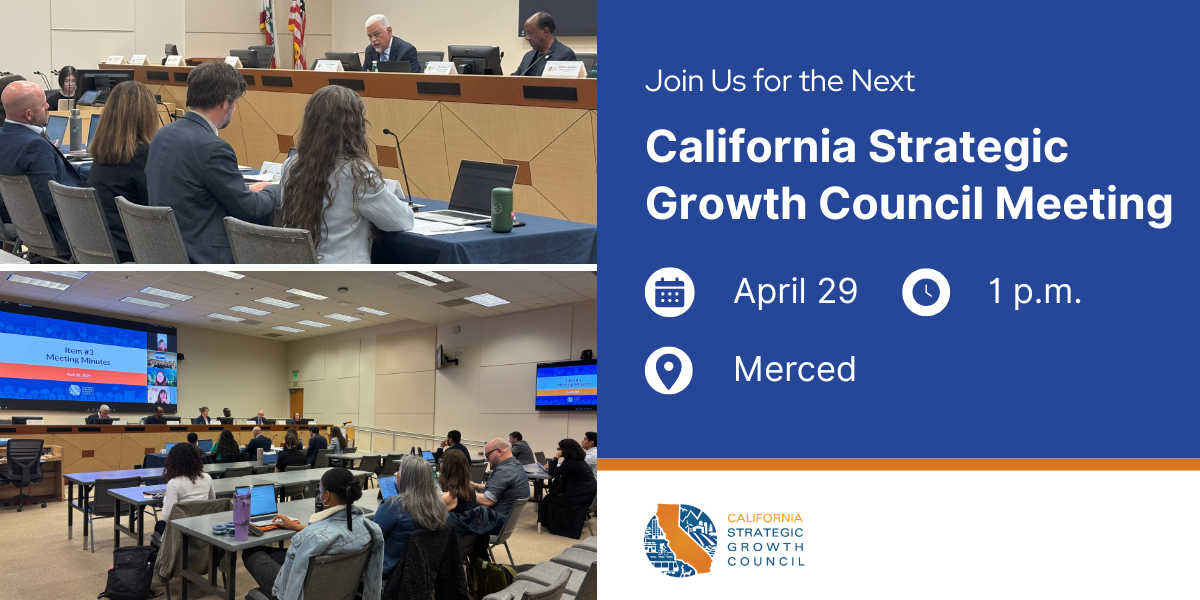 A graphic with two SGC Meeting photos announcing the next meeting in April in Merced