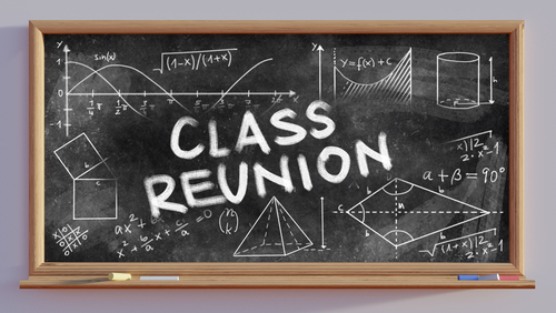 3D render of a blackboard with text Class reunion