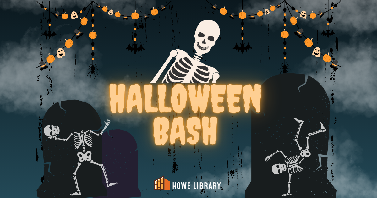 Skeletons surrounded by a dark background with spooky decorations and the words Halloween Bash in the center. 