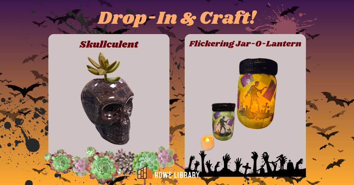 Drop In & Craft examples of a plastic skull plant holder with a succulent and a paper decouped jar with a tea light.