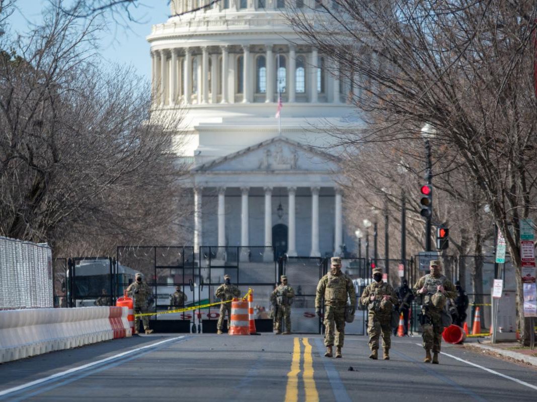 Armed National Guardsmen on security detail at the U.S. Capitol