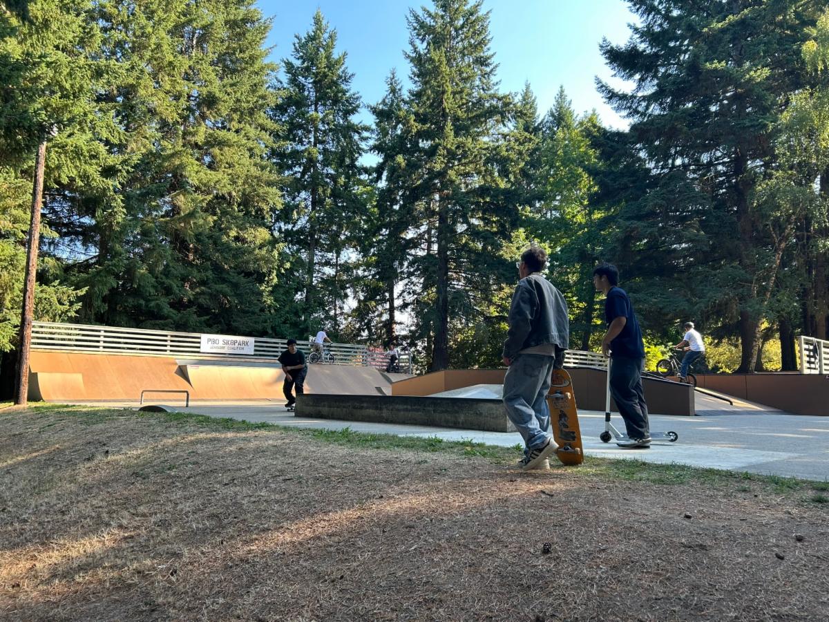 People with skateboards and scooters and bikes challenging the new skate park.