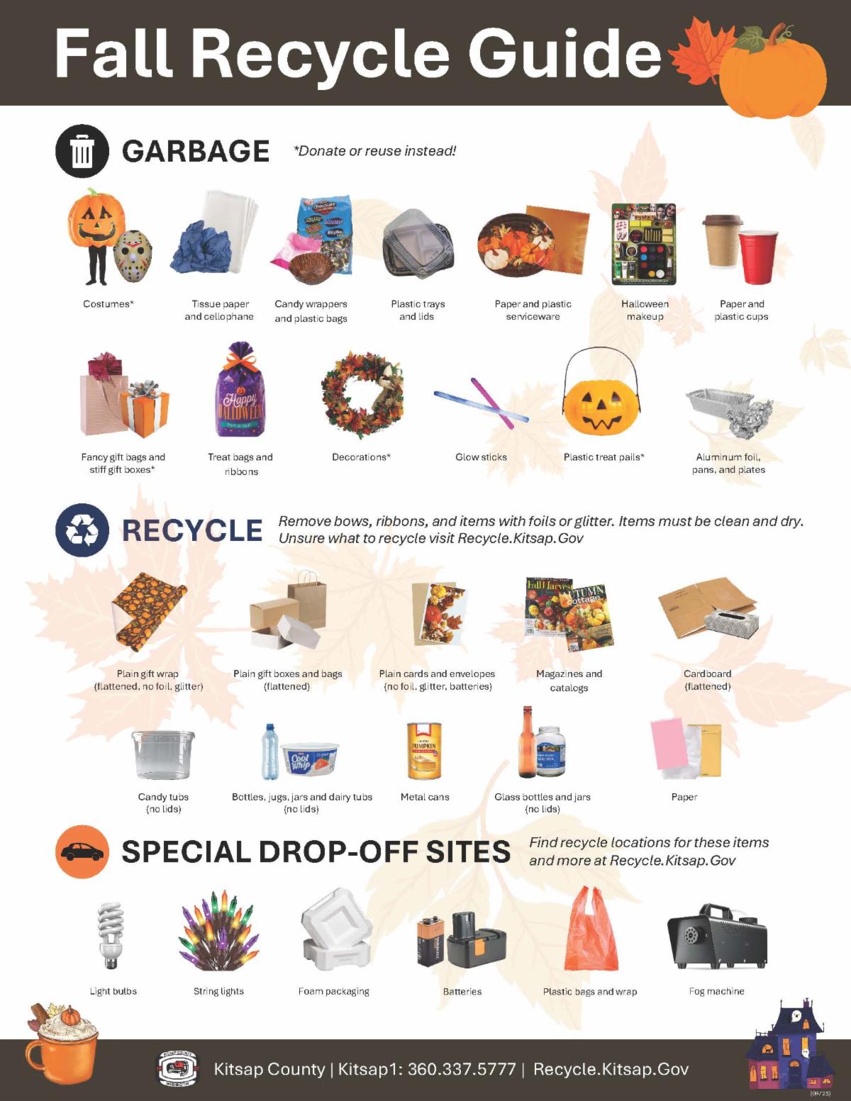 A fall recycle guide showing what can be recycled and what should be placed in the garbage. This also shows what should go to a special recycle location.