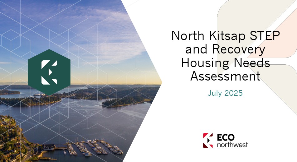 Picture of the sky and water inlets with a marina and docked boats. North Kitsap STEP and Recovery Housing Needs Assessment by ECO northwest in July 2025.