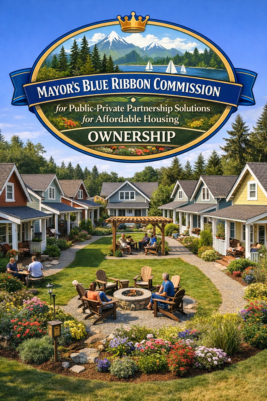 Cottages surrounding a fire pit with the owners sitting in chairs socializing. Announcing Mayor's Blue Ribbon Commission. 
