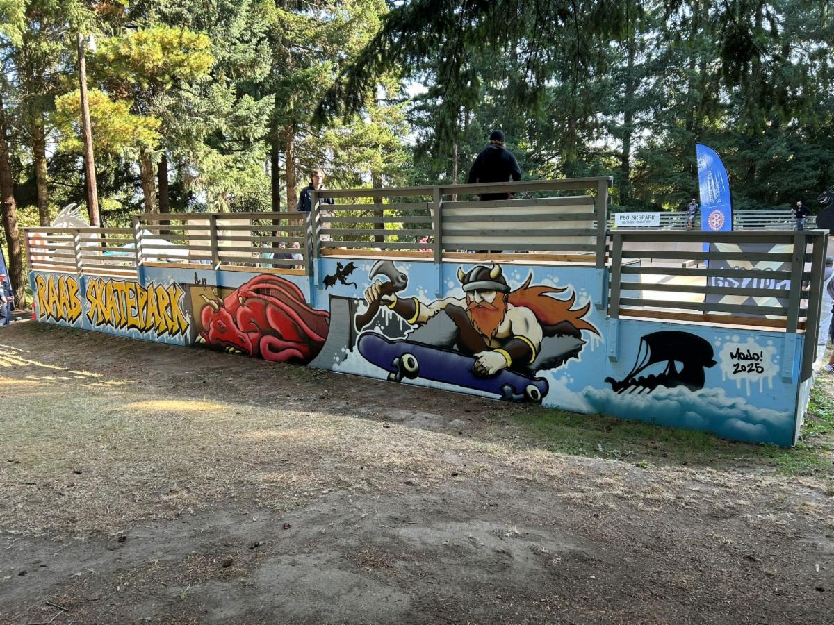 A mural at the Raab Skatepark with a viking riding a skateboard. A red sleeping dragon and a viking ship are on the mural.