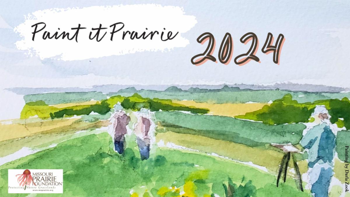 Watercolor painting of a prairie field filled with blues, greens, and yellows