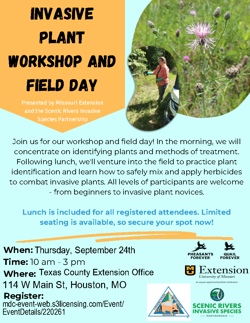 Blue and light orange flyer with information about the Missouri University Extension and Scenic Rivers Invasive Species Partnership workshop on Houston, Missouri on Sept. 24