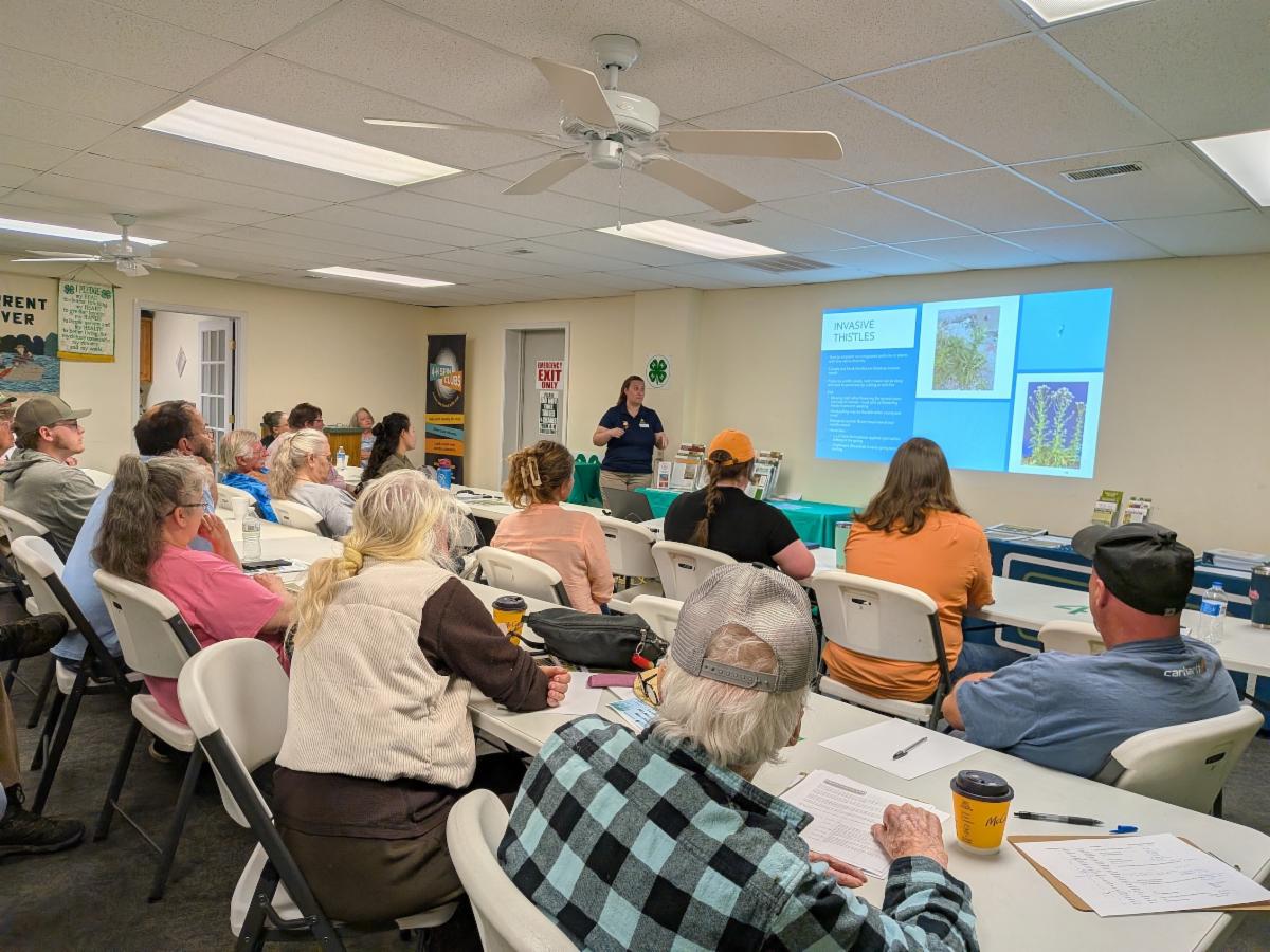 Participants in the April 10, 2026 MoIP invasive plant workshop in Doniphan Missouri. They are sitting inside during the classroom portion of the event. 