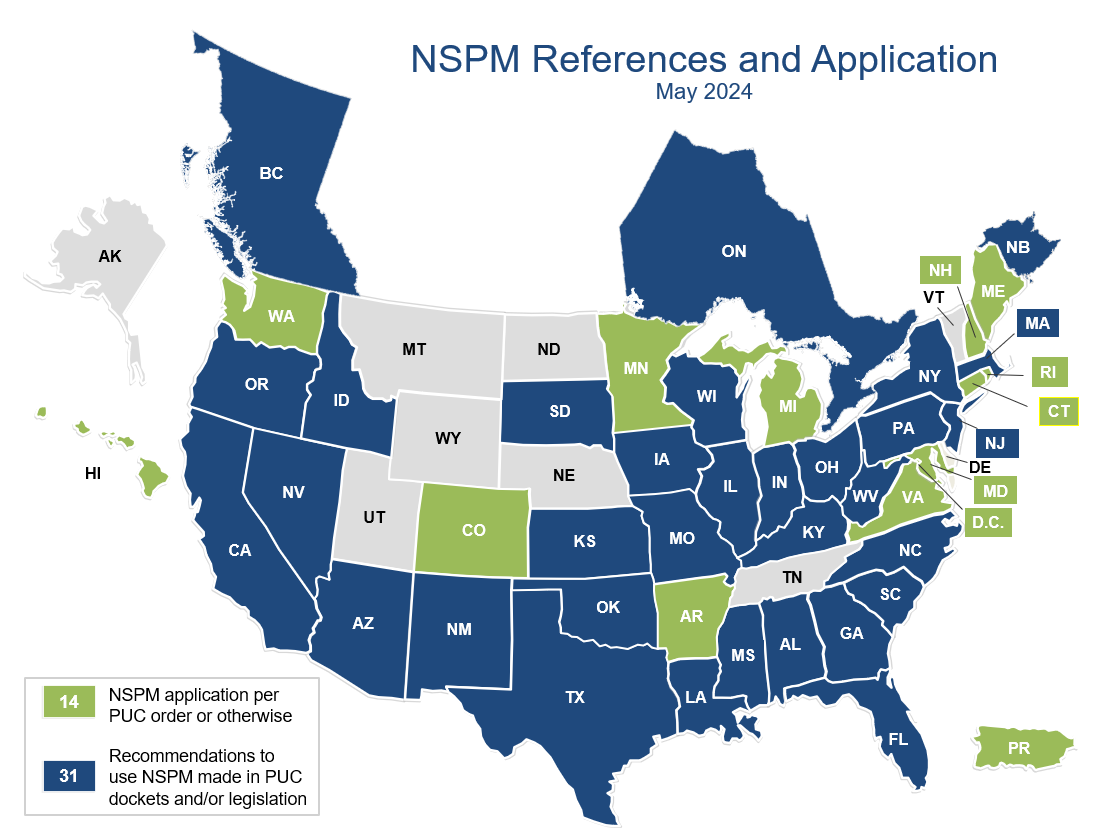 Map of N America indicating in blue and green which states have applied or considered NSPM 