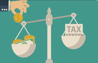 Scales with money weighing heavier than tax and a hand adding a coin to the money side