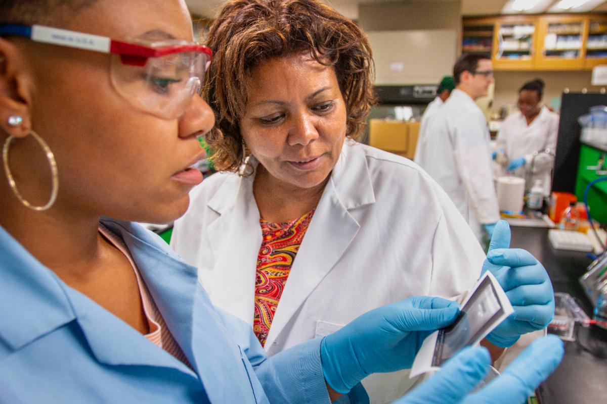 The caption reads: Mulumebet Worku, Ph.D., works with a student in the Laboratory for Studies in Animal Genomic Diversity at N.C. A&T. She is using data to investigate natural supplements that can be used to mitigate parasitic infections in small ruminants. The image shows two women in lab coats examining a sample in a lab. The scene shows several other scientific professionals busy working. The woman in the white lab coats appears to be supervising the younger woman in the blue lab coat. Their expressions are serious and hopeful as they examine the sample together.