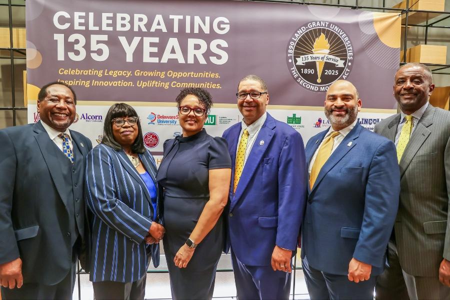 N.C. A and T faculty were among the many 1890 institution representatives celebrating the 135th anniversary of the Second Morrill Act in Washington D.C. From left - Alton Thompson Ph.D. - Claudette Smith Ph.D. - Radiah C. Minor Ph.D. - Gregory Goins Ph.D. - Oliver M. Thomas Ph.D. - and M. Ray McKinnie Ph.D.