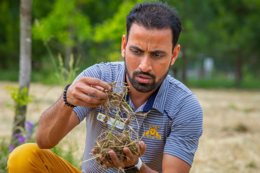 The caption reads: Soil scientist Biswanath Dari, Ph.D. will lead N.C. A&T’s participation in a project to improve soil health, which seeks to improve organic crop yields while mitigating the effects of climate change. A man with a short beard and a blue and white striped shirt is examining a clump of grass and dirt in his hand. He is looking intently at the soil, which is full of roots and blades of grass. The man is squatting, and his yellow pants are visible in the bottom left corner of the image. The background is blurred, but it appears to be a grassy field or park. The image shows a man studying the soil as part of a scientific experiment or research project. He is interested in the health and growth of the soil. The image evokes a sense of curiosity, observation, and careful examination of the natural world.
