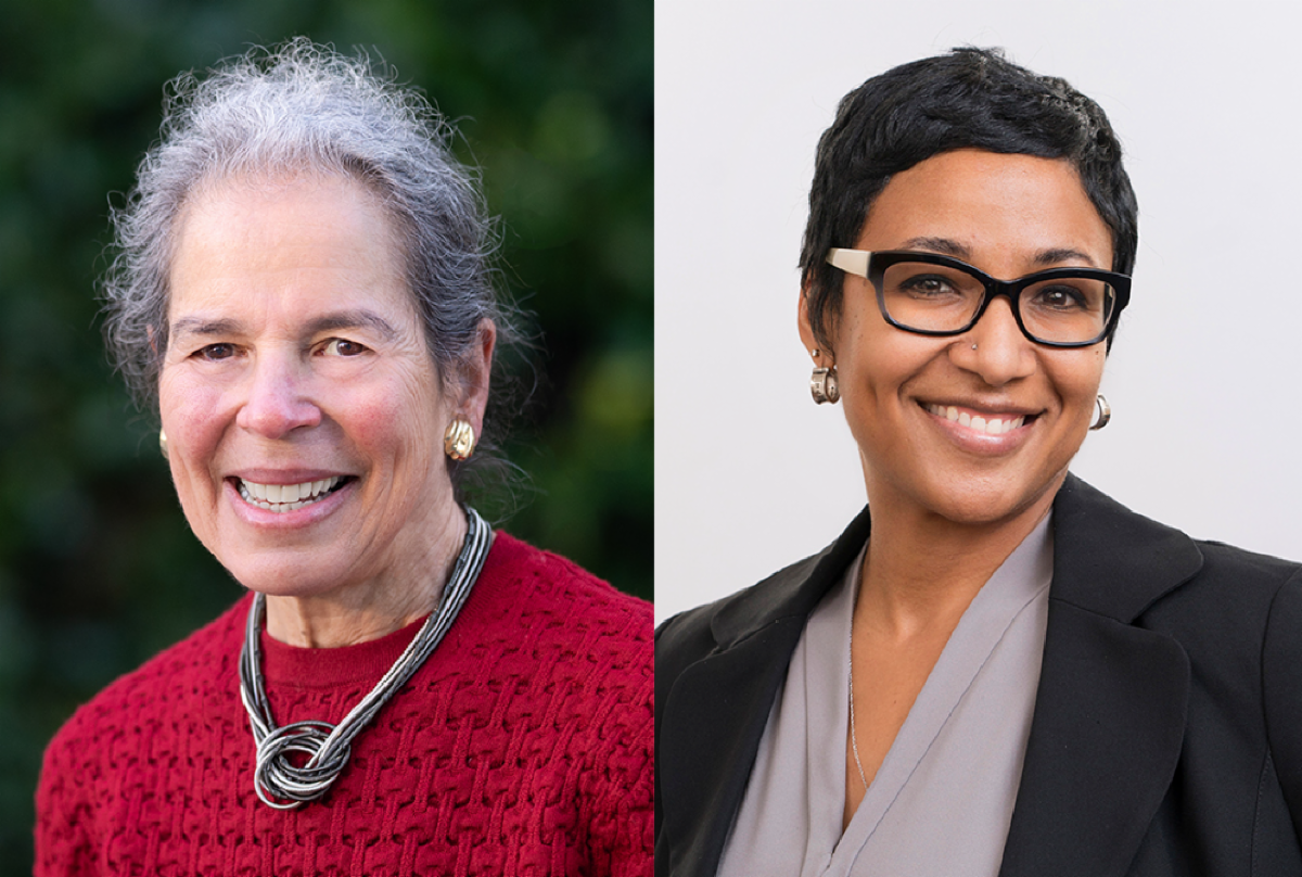 Dr. Nancy Adler, a smiling white woman with gray hair wearing a red sweater and silver necklace, and Dr. Amani Allen, a smiling black woman with short black hair and glasses wearing a blouse and blazer