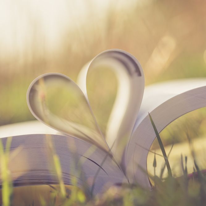 Hardcover book opened with several pages folded inward to form a heart 