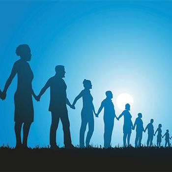 Silhouettes of people holding hands in front of a blue background