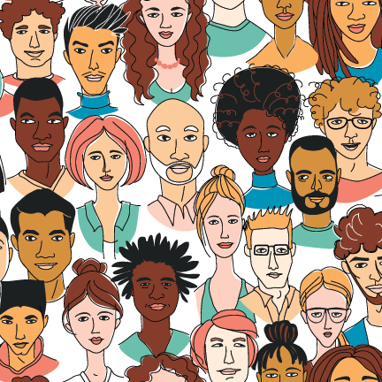 Colorful illustrations of a group of people with individuals of different races and ethnicities, as well as genders and ages