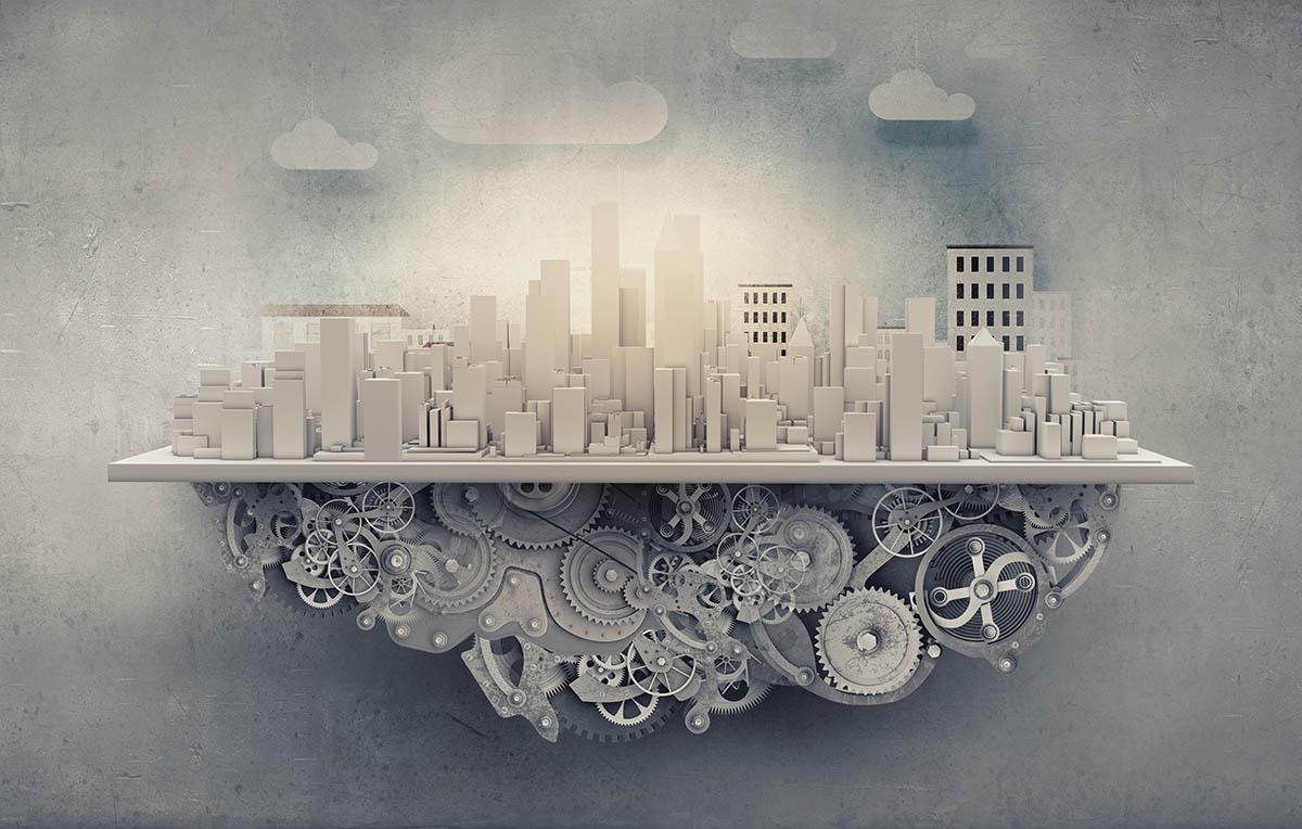 Cityscape with gears and structures at its base