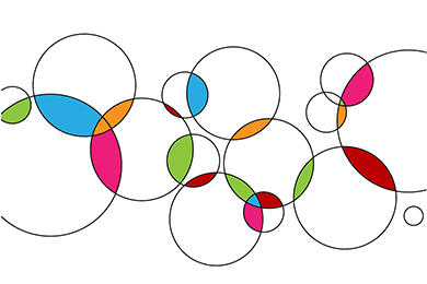 Several circles of different sizes with colors filling places of overlap, representing intersectionality